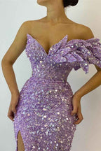 Pretty Lilac Sequins Off the Shoulder Mermaid Prom Dress With Split