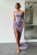 Strapless Sleeveless High Split Long Prom Dress With Pleated