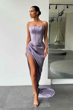 Strapless Sleeveless High Split Long Prom Dress With Pleated