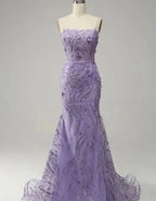 Glamorous Purple Applique Spaghetti Strap Mermaid Prom Dress BM bride