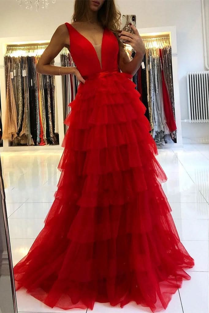 Sleeveless Evening Dress Layered V-Neck BM bride