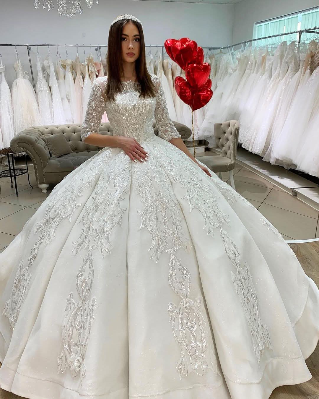 Gorgeous Bateau Satin Floor-length Princess Wedding Dress Long Sleeves With Appliques Lace BM bride