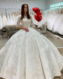 Gorgeous Bateau Satin Floor-length Princess Wedding Dress Long Sleeves With Appliques Lace BM bride
