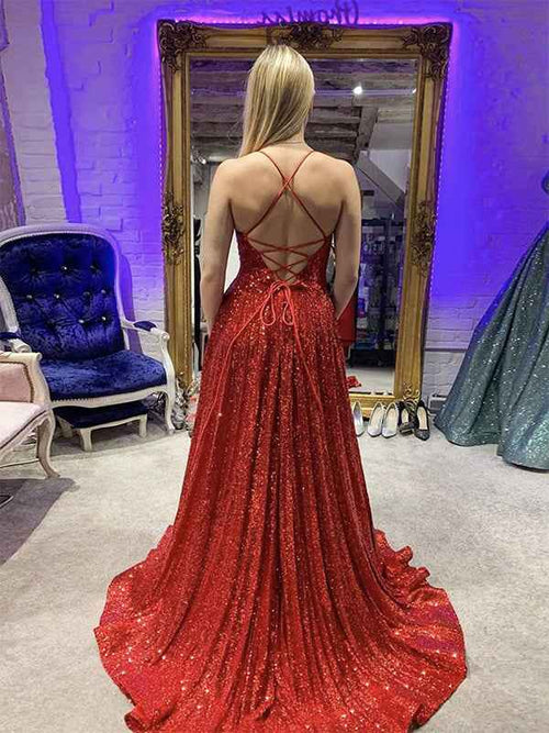 Burgundy A Line Spaghetti Straps V Neck Sequin Long Prom Dress with Slit BMBRIDE