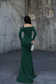 Off the Shoulder Long Sleeves Split Long Prom Dress With Pleated BMBRIDE