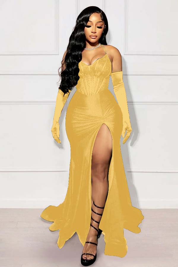 Halter Sleeveless Long Mermaid Prom Dress With Split Gloves BMBRIDE