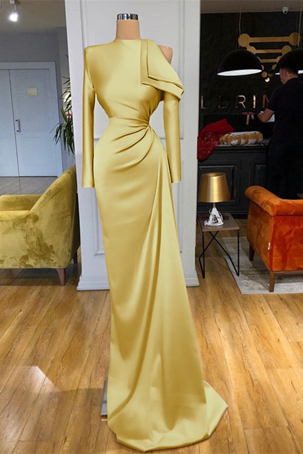 Charming High Neck Champagne Prom Dress Mermaid Long Sleeves With Pleated BMBRIDE