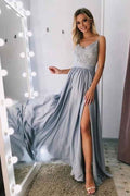 Stunning Spaghetti Strap Sleeveless Long Prom Dress Split With Appliques