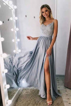 Stunning Spaghetti Strap Sleeveless Long Prom Dress Split With Appliques