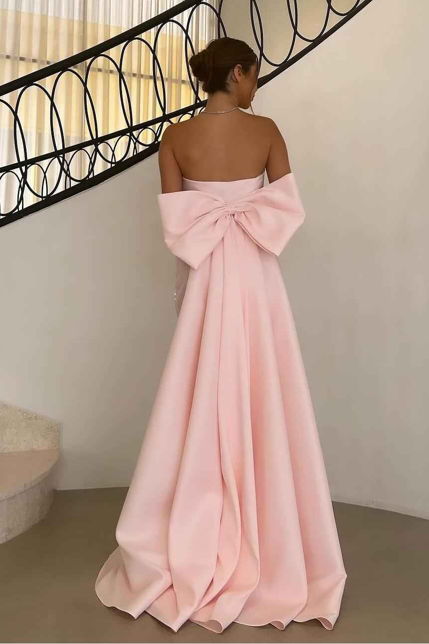 Charming Pink Sequins Sleeveless Strapless Prom Dress With Bowknot