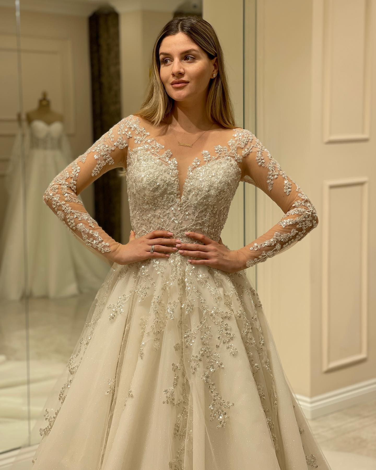 Elegant Long A-Line Wedding Dress with Lace Appliques and Sleeves BM bride