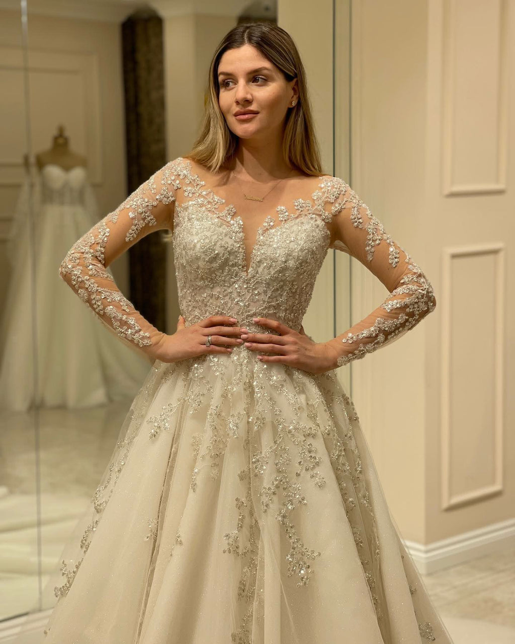 Elegant Long A-Line Wedding Dress with Lace Appliques and Sleeves BM bride