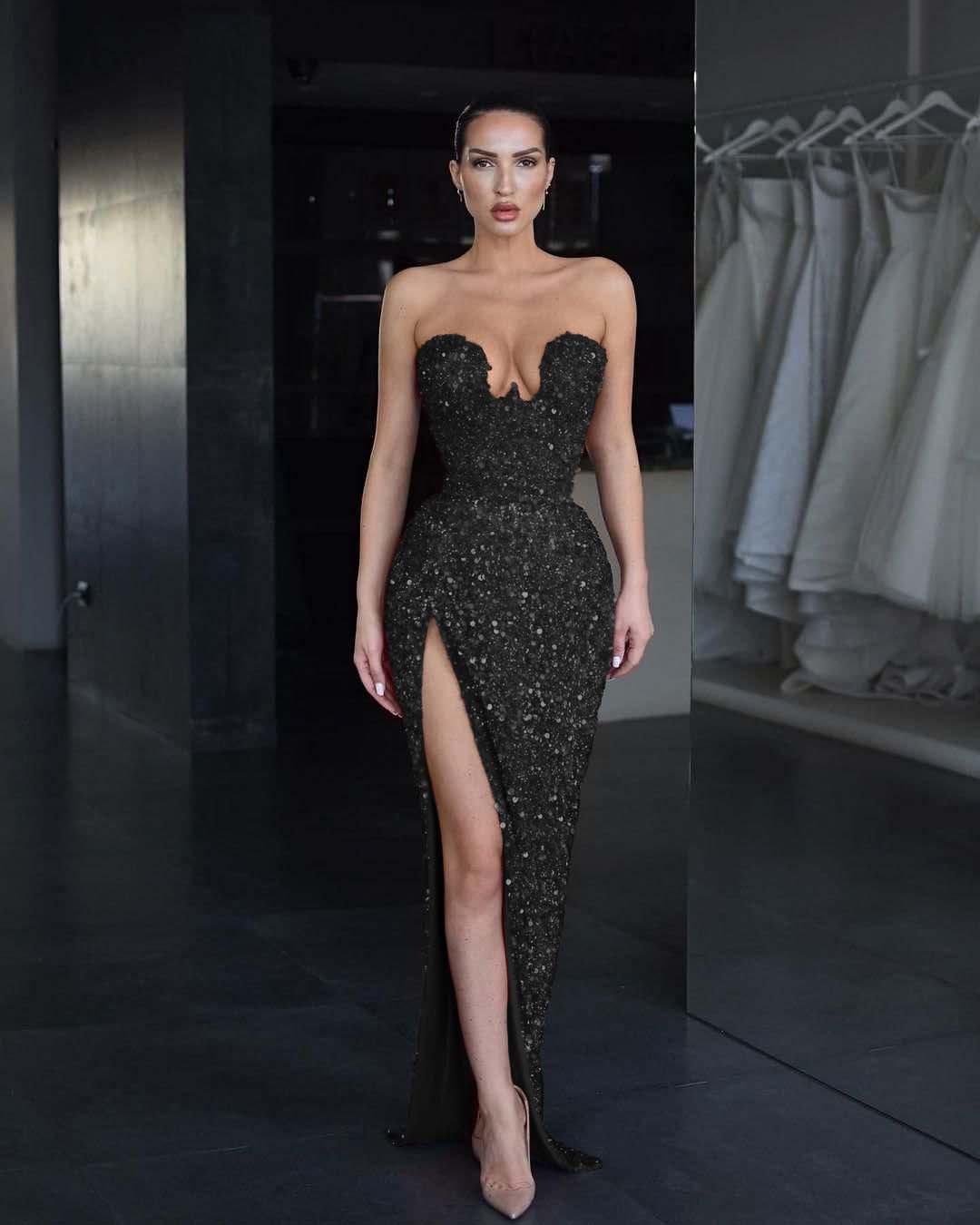 Strapless Sleeveless Long Mermaid Split Prom Dress With Sequins