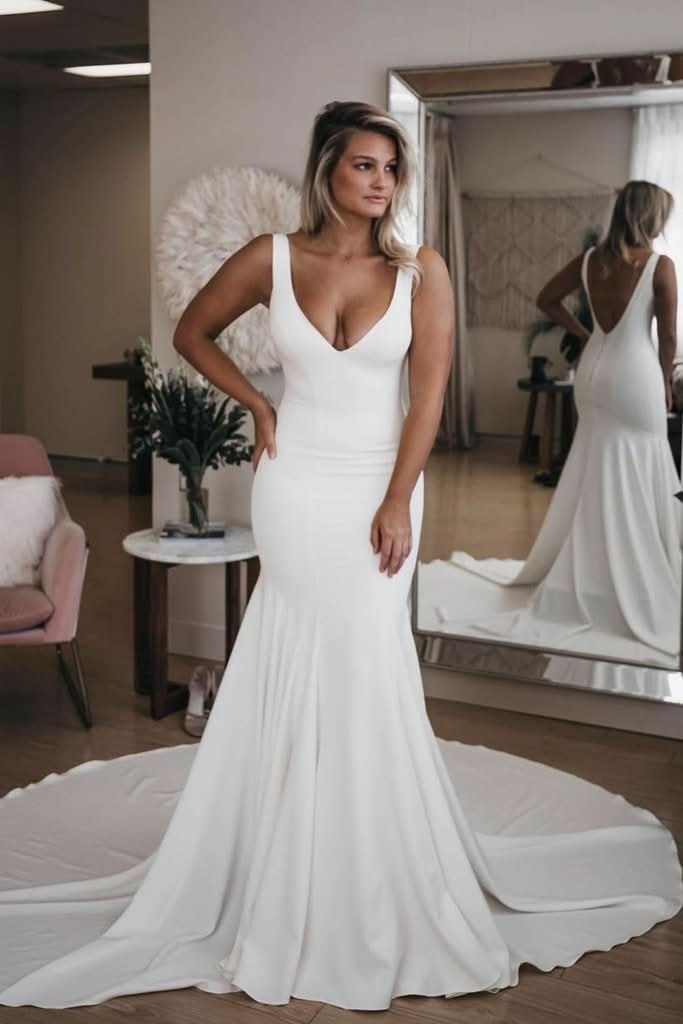 V Neck Mermaid Long Train Backless Beach Wedding Dress with Alluring Style BM bride