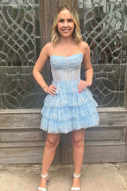 Light Blue Corset Strapless A-Line Tiered Short Homecoming Dress Bmbride