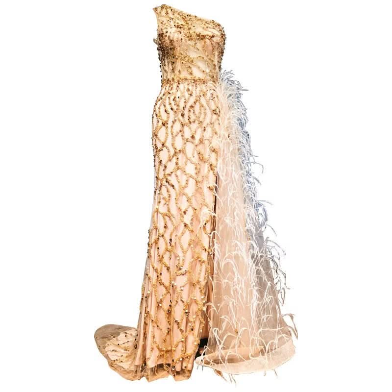 Elegant One-Shoulder Mermaid Evening Dress with Split, Beading, and Feathers BM bride