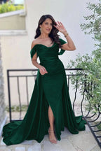Dark Green Off-the-Shoulder Sweetheart Mermaid Prom Dress with Split and Long Ruffles BM bride