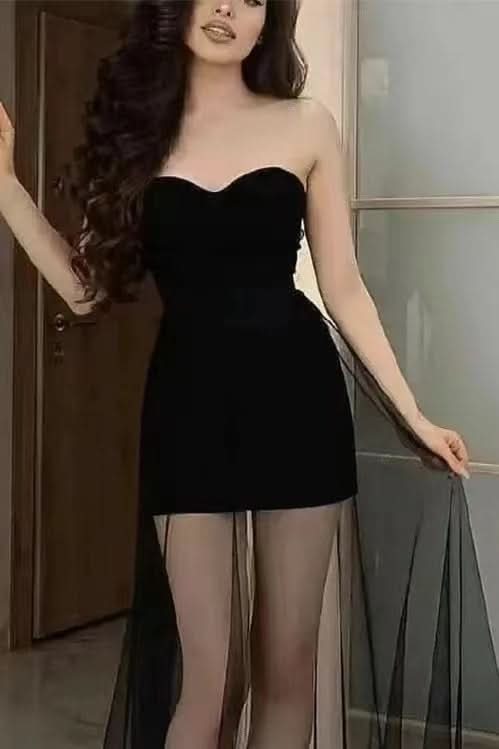 Black Sweetheart Strapless Mini Prom Dress with Tulle BM bride