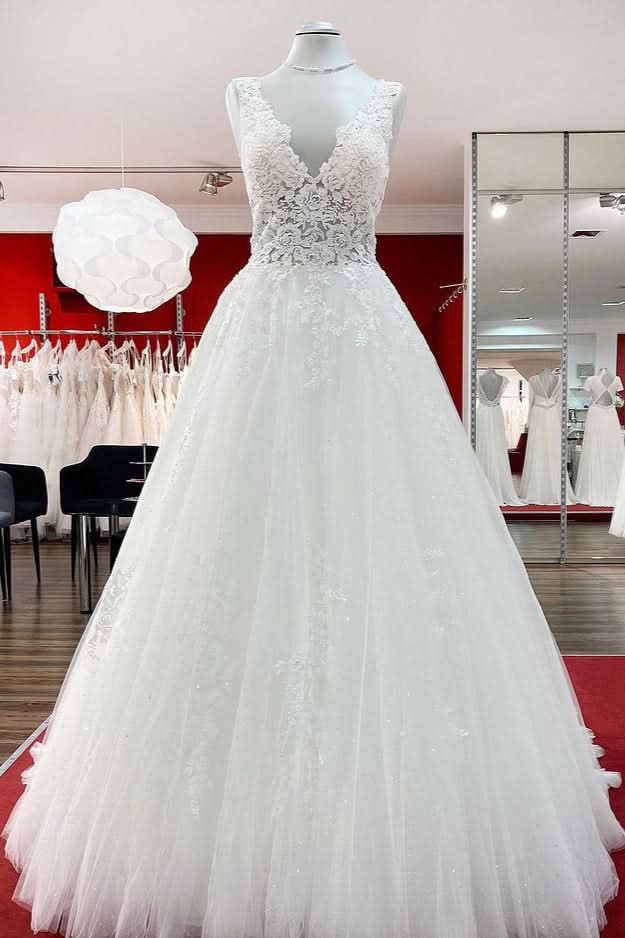 Eye-catching Long A-line Wedding Dresses With White Ruffles Tulle Lace BM bride