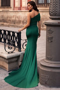Dark Green One Shoulder Long Mermaid Prom Dress with Split BM bride