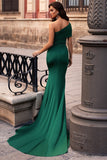 Dark Green One Shoulder Long Mermaid Prom Dress with Split BM bride