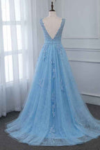 Sky Blue Scoop Sleeveless Prom Dress Long With Lace Appliques