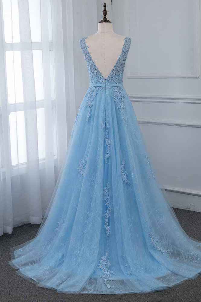Sky Blue Scoop Sleeveless Prom Dress Long With Lace Appliques