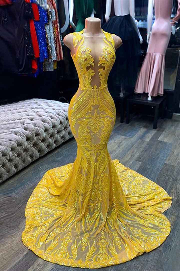 Stunning Mermaid Yellow Sequins Long Prom Dress Sleeveless With Appliques