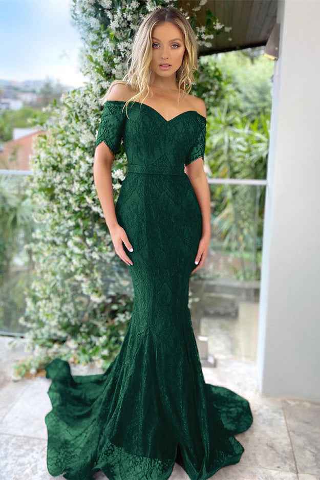 Burgundy Off the Shoulder Short Sleeves Mermaid Prom Dress With Applique