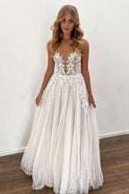 Sheer A-line Wedding Dress Floor Length With Tulle Appliques BM bride