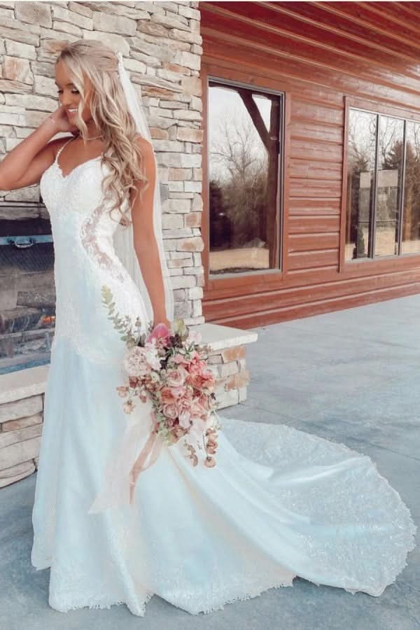 Sexy Spaghetti Strap V-Neck Floor-Length Mermaid Wedding Dress with Lace Appliques BM bride