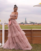 Enchanting Blush Princess A-Line Off Shoulder Ruffled Tulle Prom Dress BM bride