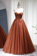 A Line Strapless Prom Dress Floor Length Tulle With Appliques