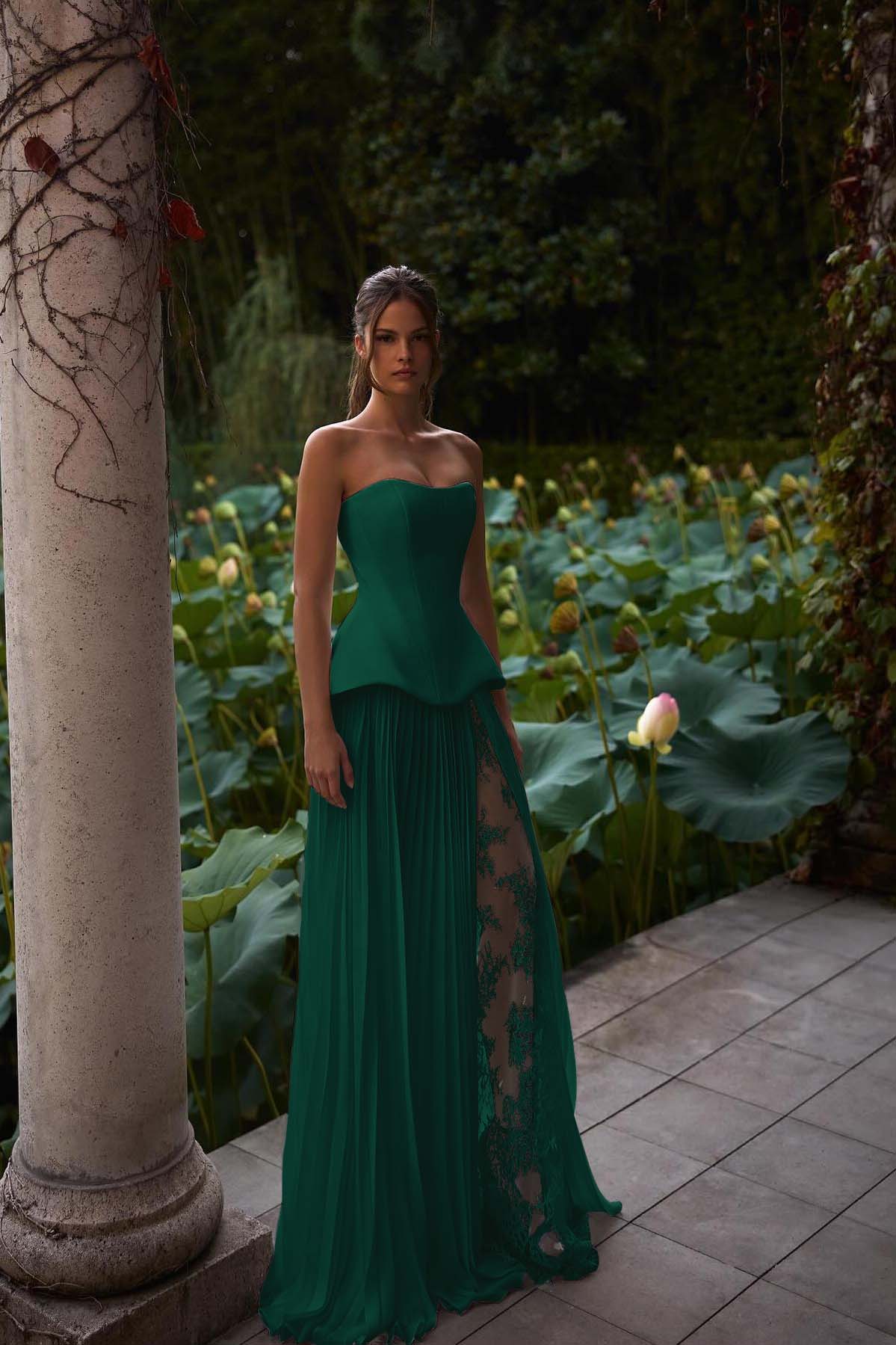 Strapless Sleeveless Long Prom Dress With Pleated Split Appliques BMBRIDE