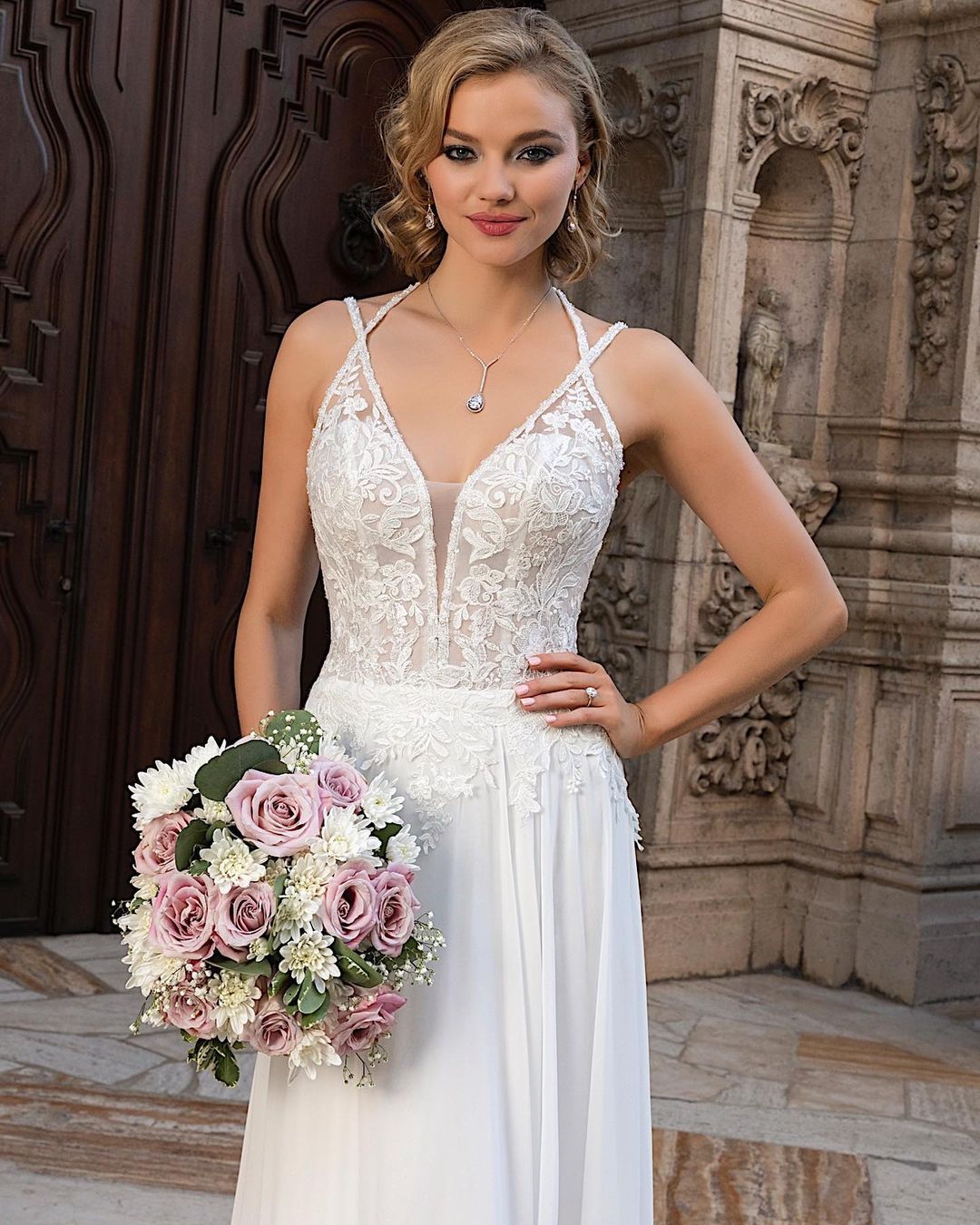 Long A-Line Split V-Neck Wedding Dress with Chiffon Lace BM bride