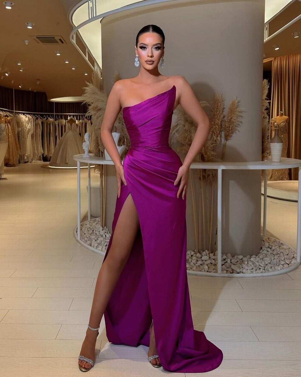 Stain Strapless Sleeveless Simple Column Long Prom Dress With High Split