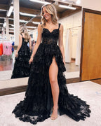 Elegant A-Line Lace Off-the-Shoulder Tiered Long Prom Dress with Slit BM bride