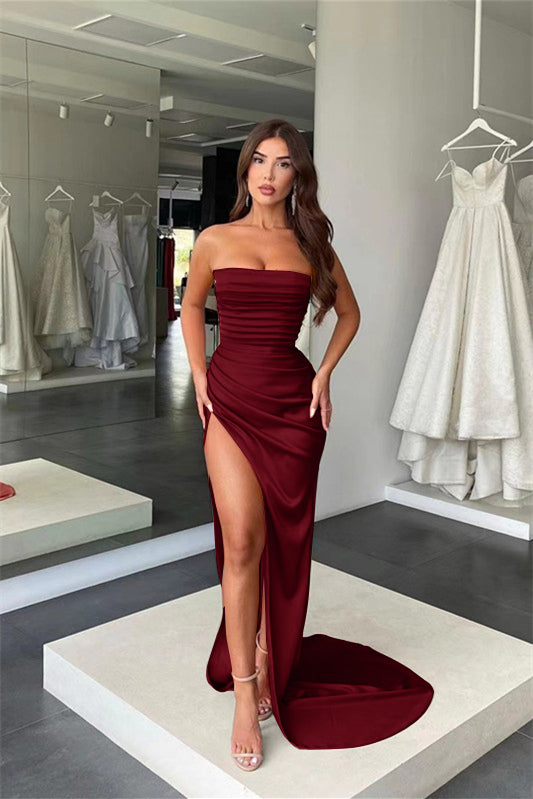 Coral Strapless Mermaid Prom Dress with Split Pleats BM bride