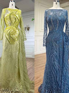 Retro Jewel Long Sleeves Embroidery Princess Mermaid Prom Dress
