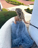 Delightful A-Line Sweetheart Tiered Ruffled Tulle Long Prom Dress BM bride