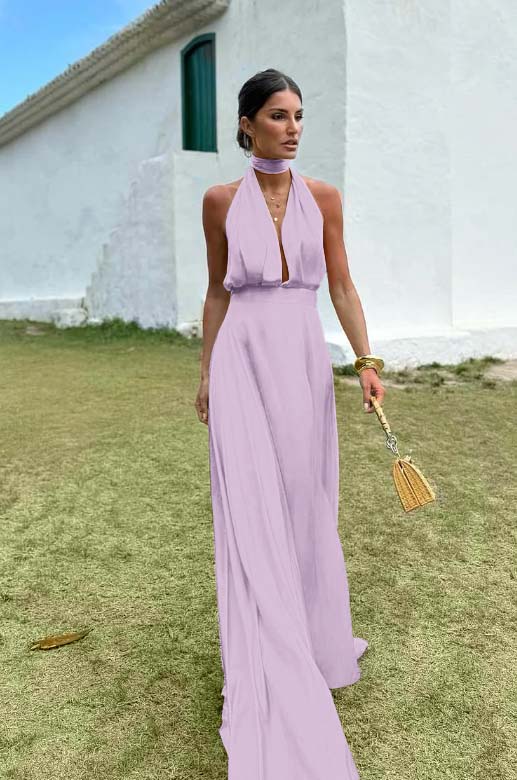Charming Sleeveless Halter V Neck Long Prom Dress With Pleated BMBRIDE