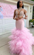 Pink Tulle High Neck Long Sleeves Mermaid Prom Dress With Lace Appliques