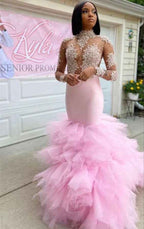 Pink Tulle High Neck Long Sleeves Mermaid Prom Dress With Lace Appliques