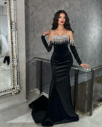 Black Velvet Strapless Long Prom Dress with Sleeves, Tassels, and Acrylic Beads BM bride