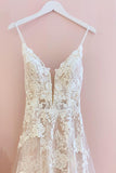 Stunning A-Line Tulle Wedding Dress with Spaghetti Straps and Lace Appliques BM bride