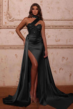 Mermaid Evening Dress with High Neck Split Beads and Ruffles BM bride