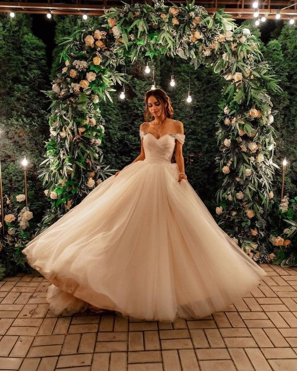 Tulle Off-the-Shoulder A-Line Long Wedding Dress with Chapel Train BM bride