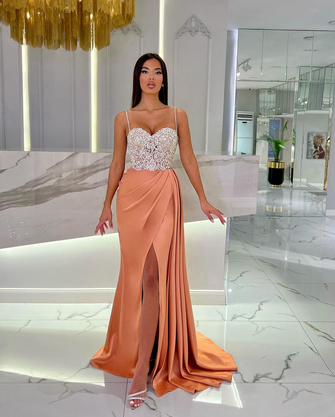 Prom Dress Baby Blue With High Slit Spaghetti Strap Sweetheart Appliques BMBRIDE