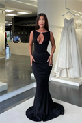 Jewel Neck Sleeveless High Waist Mermaid Prom Dress With Pleated