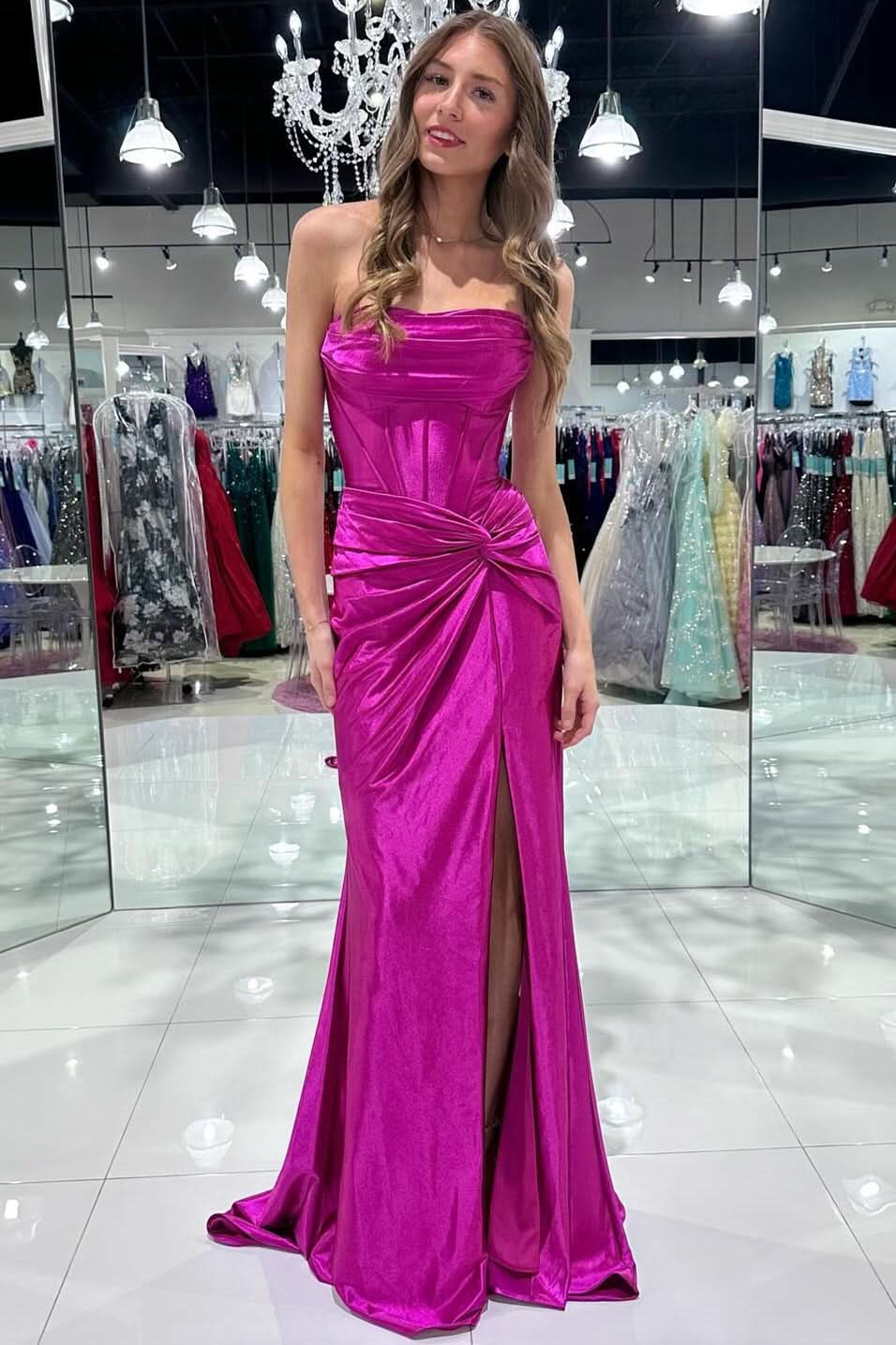 Stunning Red Strapless Twist-Front Mermaid Long Dress with Slit BM bride